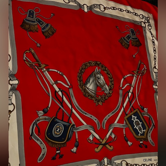 Celine Scarf. 100% Silk, Hand Rolled. Made in Italy. Equestrian Motif. - Picture 14 of 14